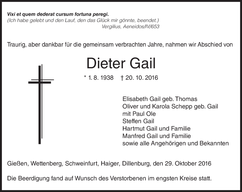  Traueranzeige für Dieter Gail vom 29.10.2016 aus  Gießener Anzeiger