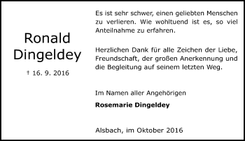 Traueranzeige von Ronald Dingeldey von Trauerportal Echo Online