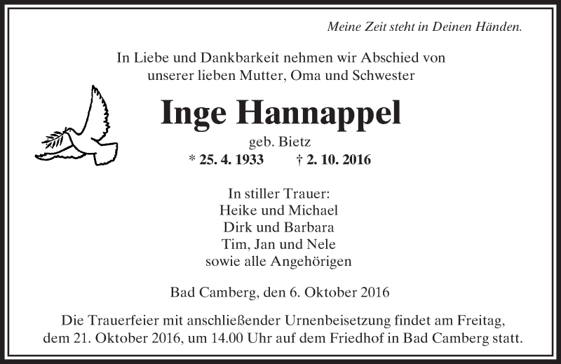  Traueranzeige für Inge Hannappel vom 06.10.2016 aus  Camberger Anzeiger