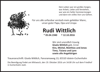 Traueranzeige von Rudi Wittlich von Trauerportal Rhein Main Presse