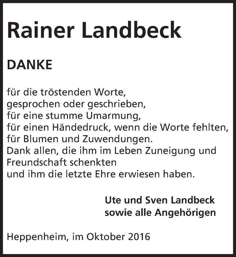  Traueranzeige für Rainer Landbeck vom 12.10.2016 aus Trauerportal Echo Online
