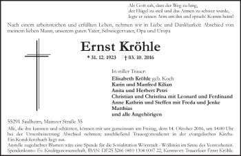 Traueranzeige von Ernst Kröhle von Trauerportal Rhein Main Presse
