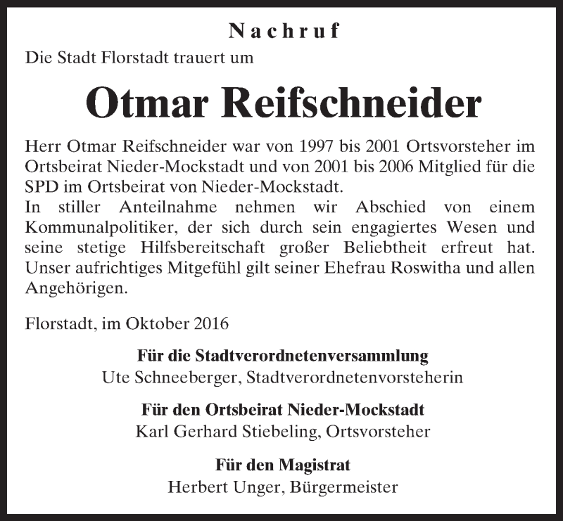  Traueranzeige für Otmar Reifschneider vom 27.10.2016 aus  Kreisanzeiger