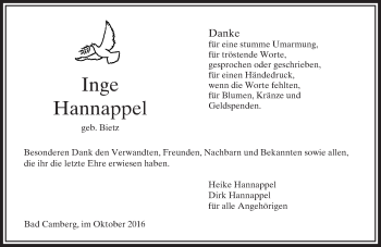 Traueranzeige von Inge Hannappel von  Camberger Anzeiger