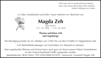 Traueranzeige von Magda Zeh von Trauerportal Echo Online