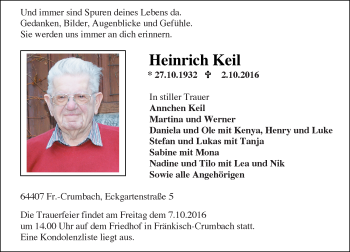 Traueranzeige von Heinrich Keil von Trauerportal Echo Online