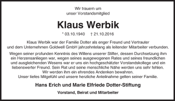 Traueranzeige von Klaus Werbik von Trauerportal Echo Online