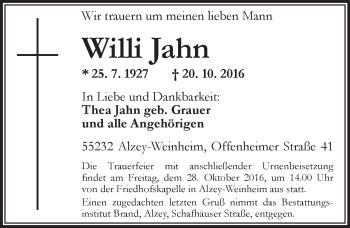 Traueranzeige von Willi Jahn von Trauerportal Rhein Main Presse