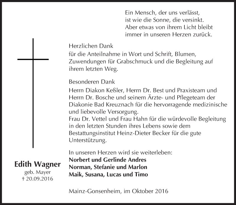 Traueranzeige für Edith Wagner vom 22.10.2016 aus Trauerportal Rhein Main Presse