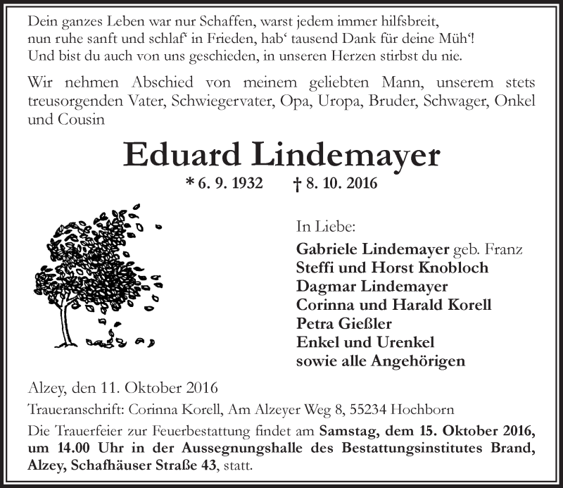  Traueranzeige für Eduard Lindemayer vom 11.10.2016 aus Trauerportal Rhein Main Presse