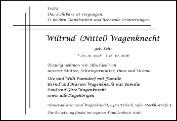 Traueranzeige von Willtrud Wagenknecht von Trauerportal Echo Online