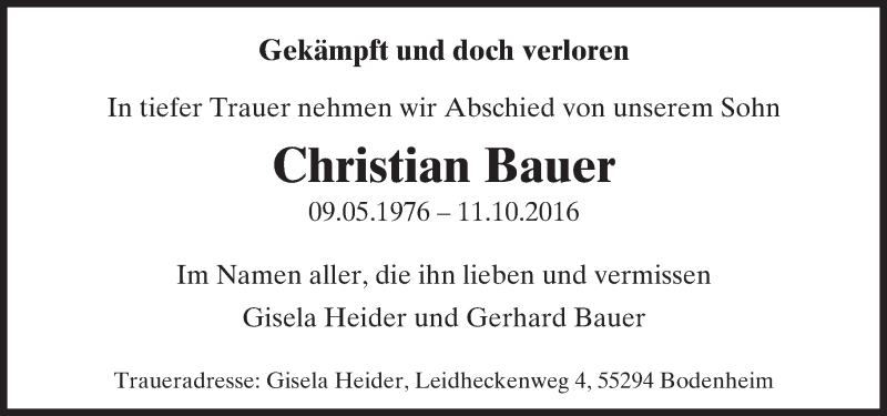  Traueranzeige für Christian Bauer vom 15.10.2016 aus Trauerportal Rhein Main Presse