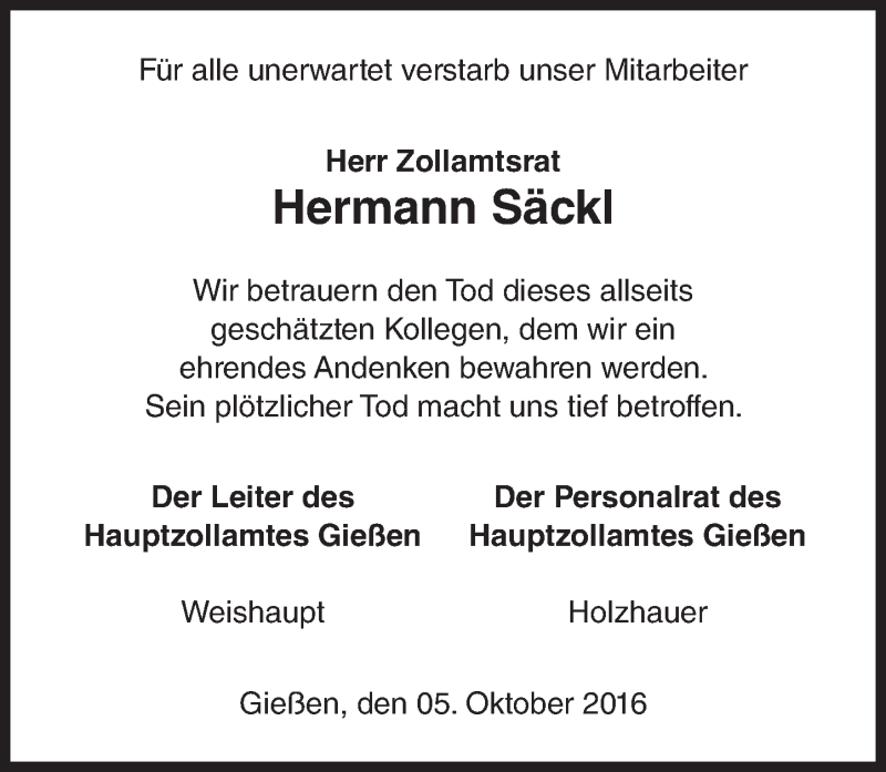  Traueranzeige für Hermann Säckl vom 07.10.2016 aus VRM Trauer