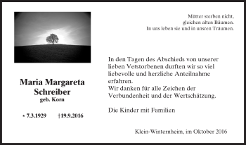 Traueranzeige von Maria Margareta Schreiber von Trauerportal Rhein Main Presse