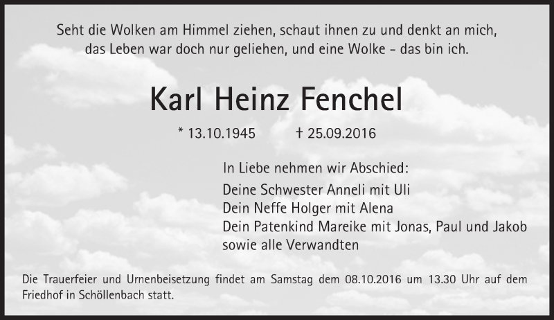  Traueranzeige für Karl-Heinz Fenchel vom 05.10.2016 aus Trauerportal Echo Online