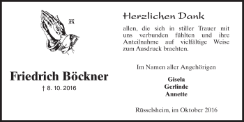 Traueranzeige von Friedrich Böckner von Trauerportal Rhein Main Presse