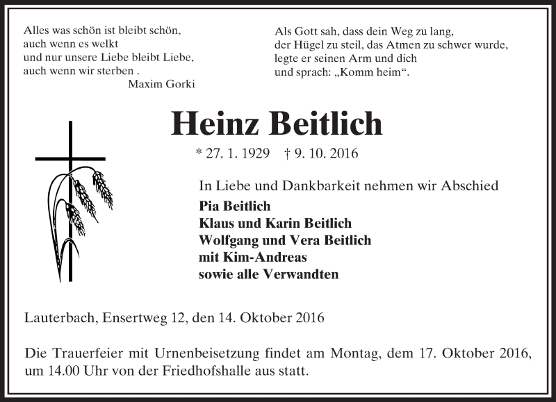  Traueranzeige für Heinz Beitlich vom 14.10.2016 aus VRM Trauer