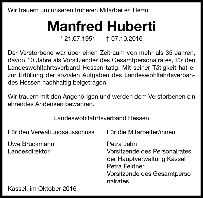  Traueranzeige für Manfred Huberti vom 15.10.2016 aus  Gießener Anzeiger