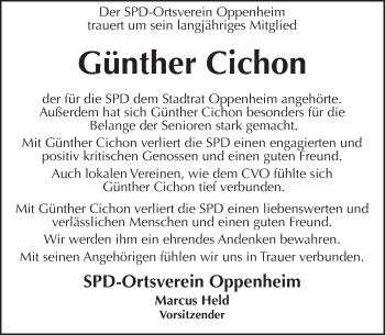 Traueranzeige von Günther Cichon von Trauerportal Rhein Main Presse