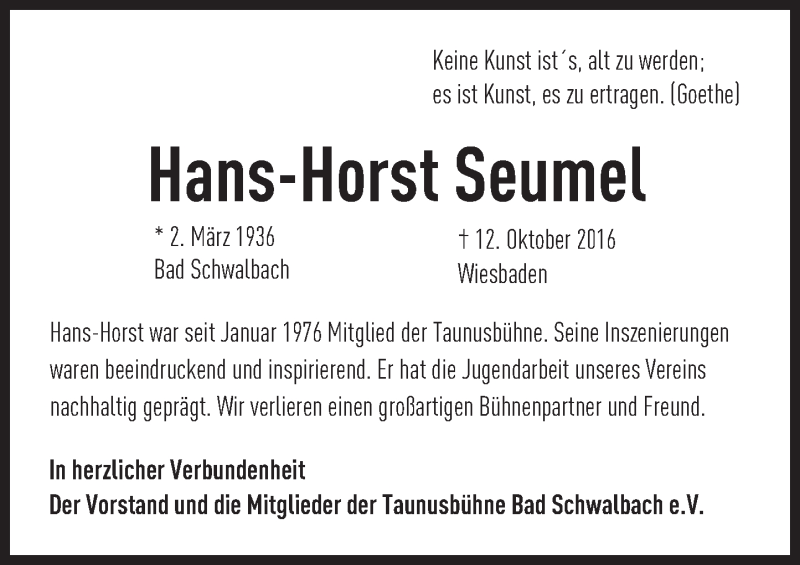  Traueranzeige für Hans-Horst Seumel vom 22.10.2016 aus Trauerportal Rhein Main Presse