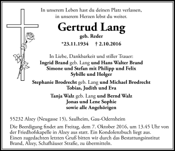 Traueranzeige von Gertrud Lang von Trauerportal Rhein Main Presse