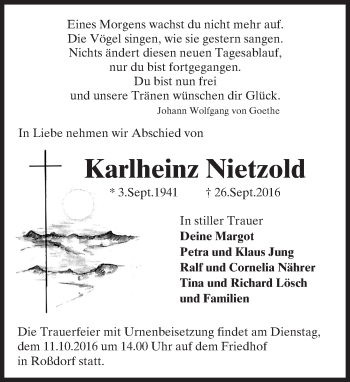 Traueranzeige von Karlheinz Nietzold von Trauerportal Echo Online