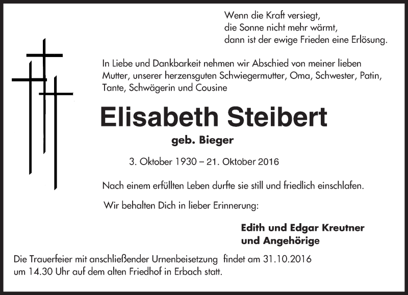 Traueranzeige für Elisabeth Steibert vom 26.10.2016 aus Trauerportal Echo Online