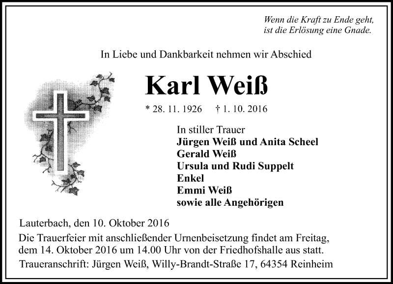 Traueranzeige für Karl Weiß vom 10.10.2016 aus VRM Trauer