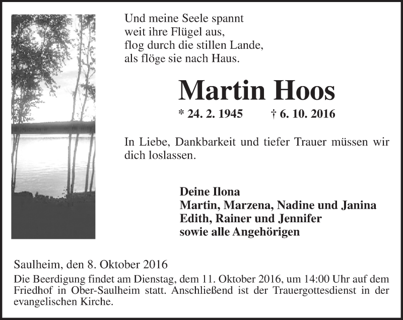  Traueranzeige für Martin Hoos vom 08.10.2016 aus Trauerportal Rhein Main Presse