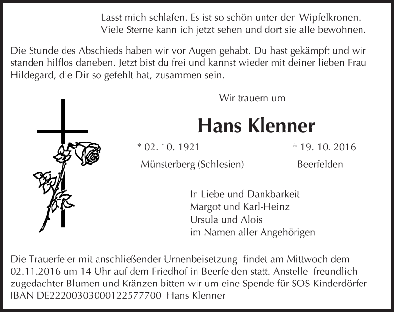  Traueranzeige für Hans Klenner vom 29.10.2016 aus Trauerportal Echo Online