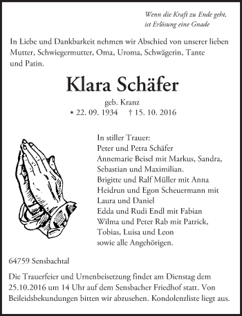 Traueranzeige von Klara Schäfer von Trauerportal Echo Online