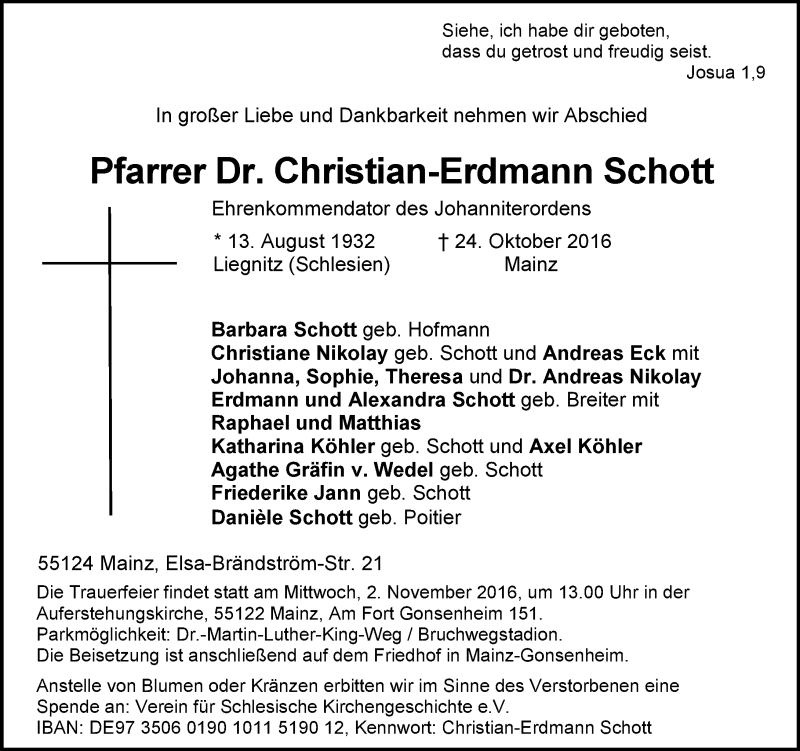  Traueranzeige für Christian-Erdmann Schott vom 29.10.2016 aus Trauerportal Rhein Main Presse