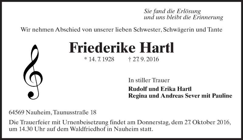  Traueranzeige für Friederike Hartl vom 22.10.2016 aus Trauerportal Rhein Main Presse