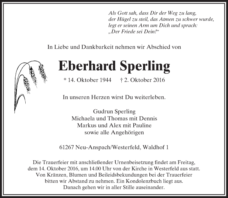  Traueranzeige für Eberhard Sperling vom 08.10.2016 aus  Usinger Anzeiger