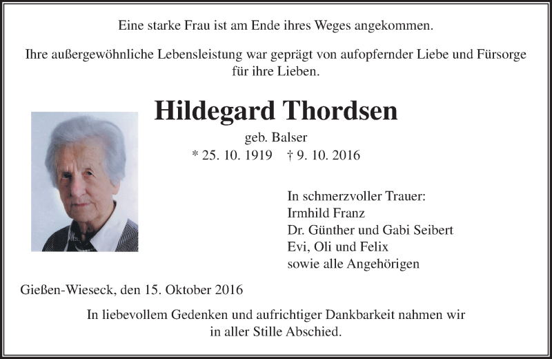  Traueranzeige für Hildegard Thordsen vom 15.10.2016 aus  Gießener Anzeiger