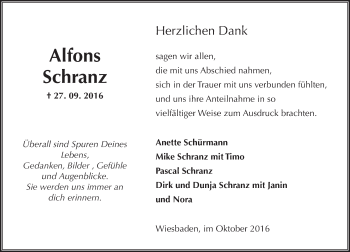 Traueranzeige von Alfons Schranz von Trauerportal Rhein Main Presse
