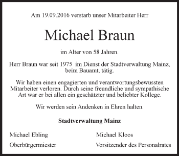 Traueranzeige von Michael Braun von Trauerportal Rhein Main Presse