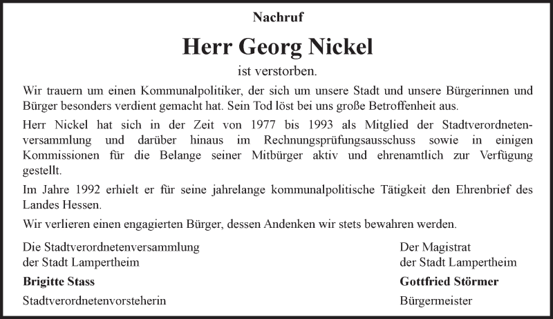  Traueranzeige für Georg Nickel vom 22.10.2016 aus Trauerportal Echo Online