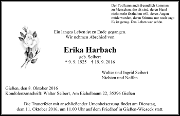 Traueranzeige von Erika Harbach von  Gießener Anzeiger