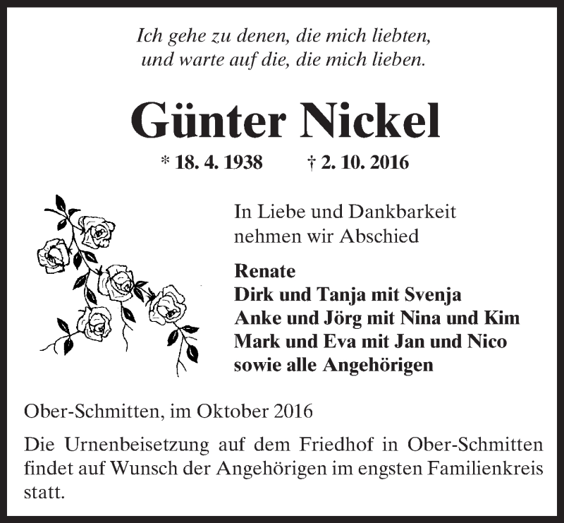  Traueranzeige für Günter Nickel vom 08.10.2016 aus  Kreisanzeiger