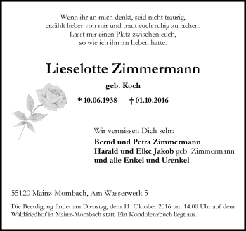 Traueranzeige von Lieselotte Zimmermann von Trauerportal Rhein Main Presse