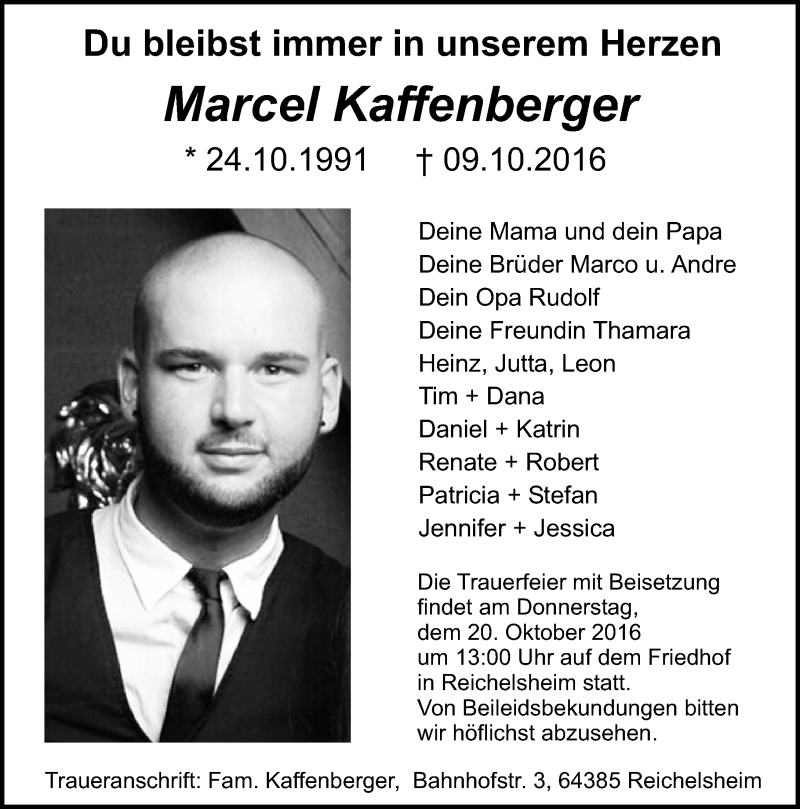  Traueranzeige für Marcel Kaffenberger vom 19.10.2016 aus Trauerportal Echo Online