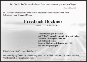 Traueranzeige von Friedrich Böckner von Trauerportal Rhein Main Presse