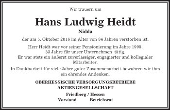 Traueranzeige von Hans Ludwig Heidt von  Kreisanzeiger