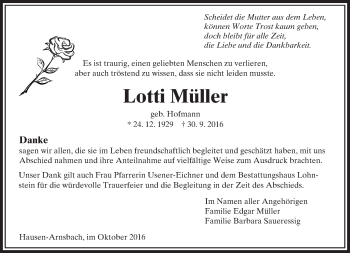 Traueranzeige von Lotti Müller von  Usinger Anzeiger