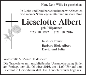 Traueranzeige von Lieselotte Albert von Trauerportal Rhein Main Presse