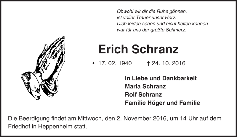  Traueranzeige für Erich Schranz vom 29.10.2016 aus Trauerportal Echo Online