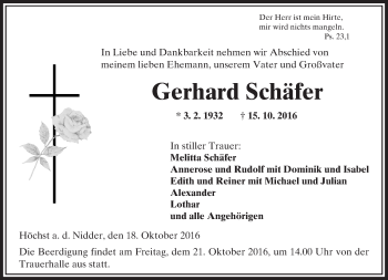 Traueranzeige von Gerhard Schäfer von  Kreisanzeiger