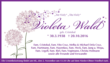 Traueranzeige von Violeta Wald von Trauerportal Rhein Main Presse