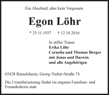 Traueranzeige von Egon Löhr von Trauerportal Rhein Main Presse